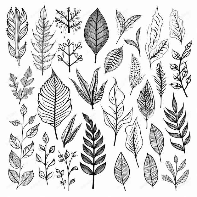 a set of hand drawn leaves and plants generative ai