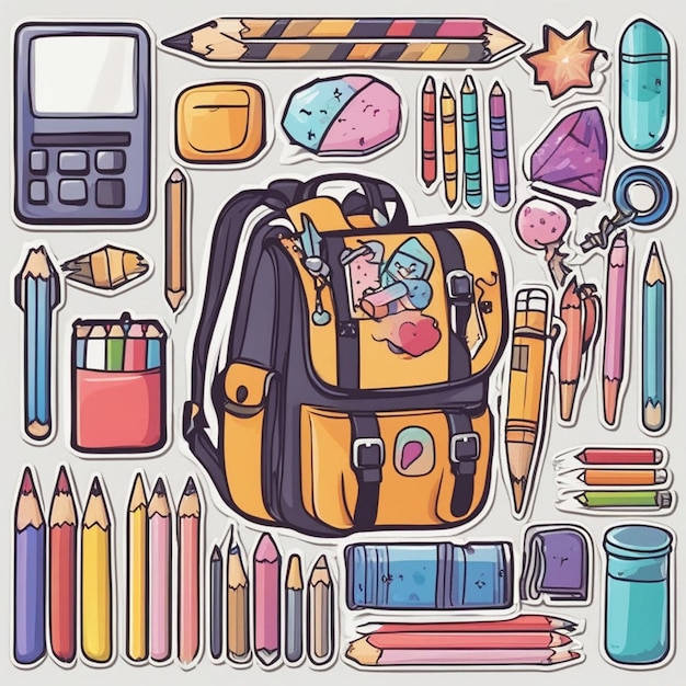 Set of hand drawn stickers of school supplies and objects back to school ai image