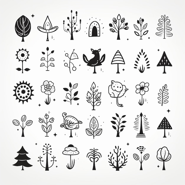 a set of hand drawn trees and plants generative ai