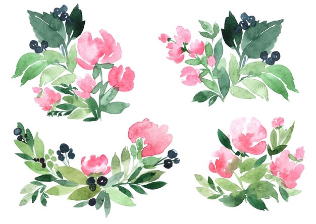 Set of hand drawn watercolor illustration of abstract green branch and flowers bouquets