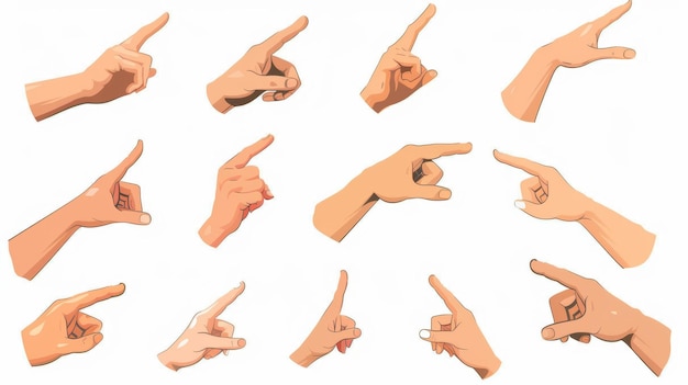 A set of hand gestures consisting of fingers pointing pushing showing pressing guiding and directing Flat graphic modern illustrations isolated on white background