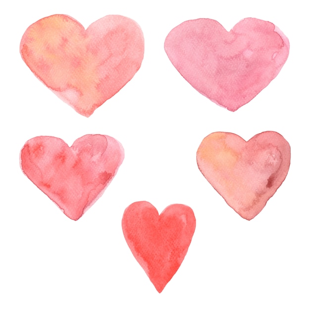 Set of hand painted watercolor hearts.different shades of delicate pink 