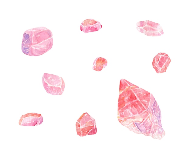 Photo set of hand painted watercolor illustration of glittering rose quartz clusters and points