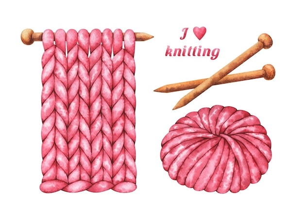 Set of hand painted watercolor pink yarn ball and knitting needles isolated on white background