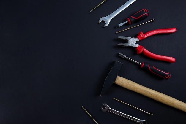 A set of hand tools for repair top view on a solid background Repair items