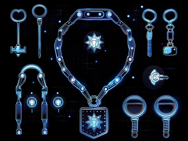 Set of Handcuffs Pixel Item With Police Design and Keys and Badge W Game Asset Tshirt Concept Art