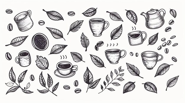 A set of handdrawn coffee and tea themed illustrations