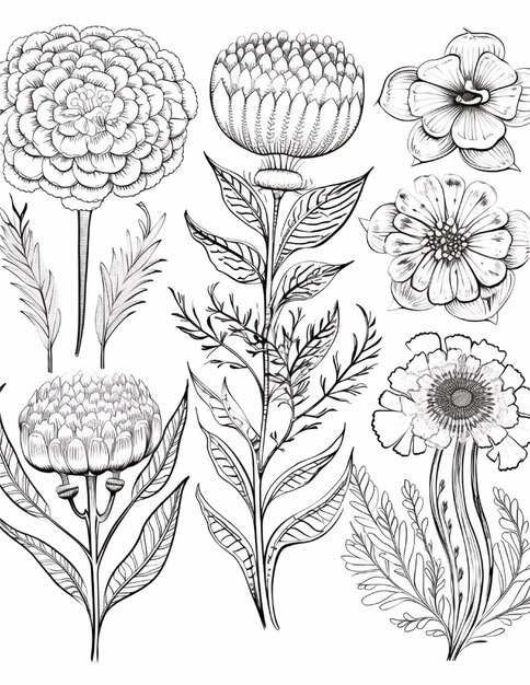 Set of handdrawn decorative flowers Vector illustration Black and white