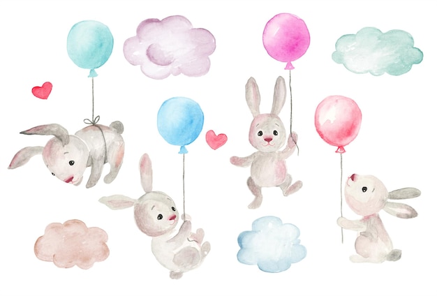 Set of handdrawn funny bunnies Stylish design Cute bunnies fly in the clouds on balloons