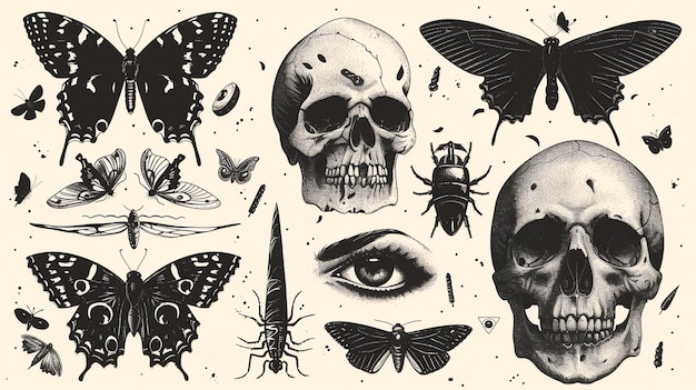 Photo a set of handdrawn illustrations of skulls butterflies and other insects