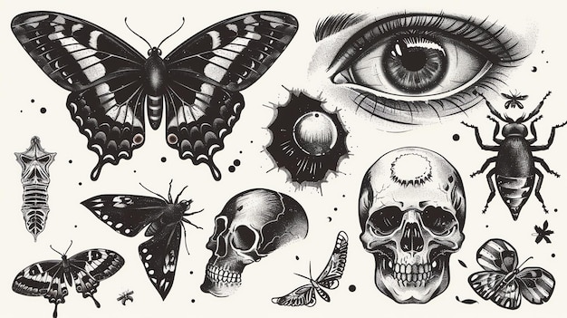 Photo a set of handdrawn illustrations of skulls butterflies and other insects