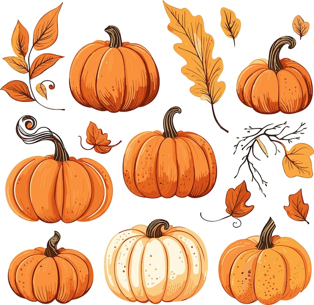 set of handdrawn pumpkins part of an Autumn collection featuring flat style elements isolated on