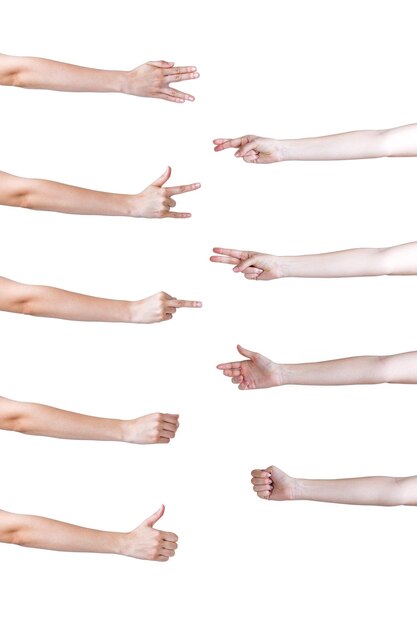 Photo set hands different gestures white background high quality and resolution beautiful photo concept