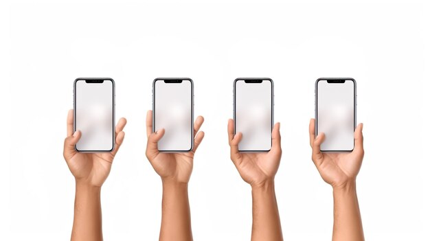 Set of hands with smart phones isolated on background