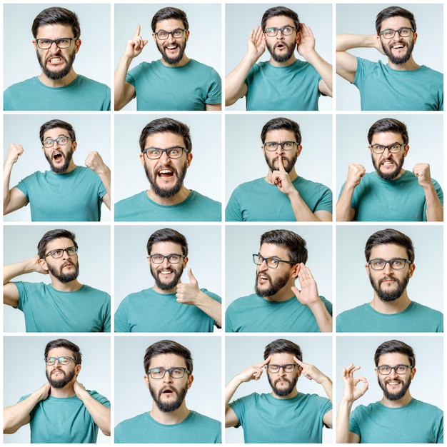 Photo set of handsome emotional man isolated over gray background