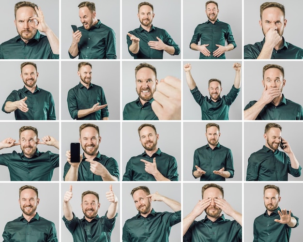 Photo set of handsome man with different emotions and gestures