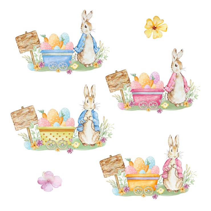 Photo set of happy easter watercolor cards with cute easter rabbits egg spring flowers in pastel colors