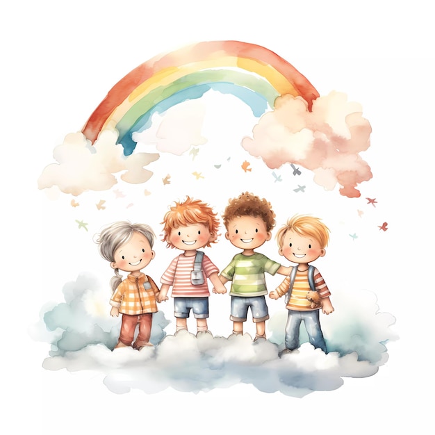 Foto set di bambini felici che giocano insieme sotto l'arcobaleno felice giorno dei bambini tema dell'amicizia