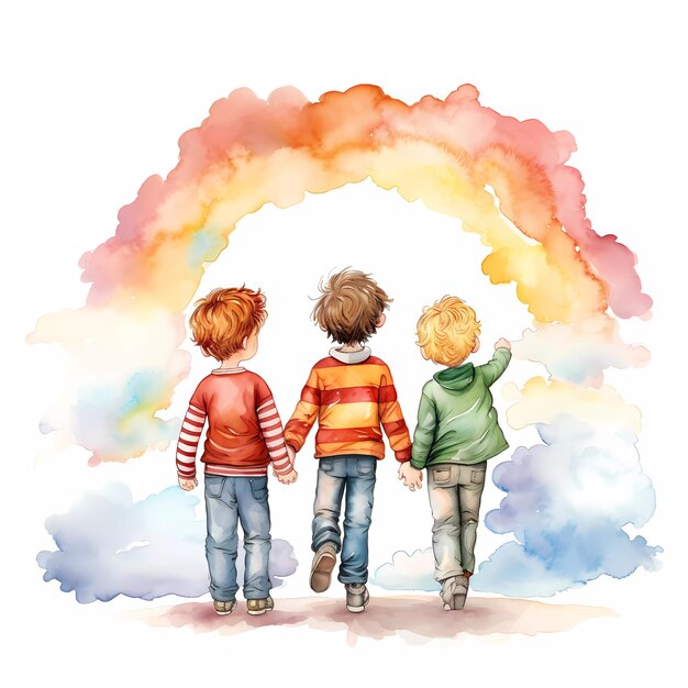 Set of happy kids playing together under rainbow Happy children's day Friendship theme