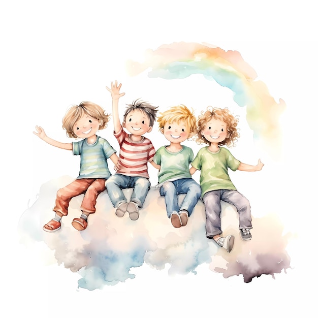 Foto set di bambini felici che giocano insieme sotto l'arcobaleno felice giorno dei bambini tema dell'amicizia