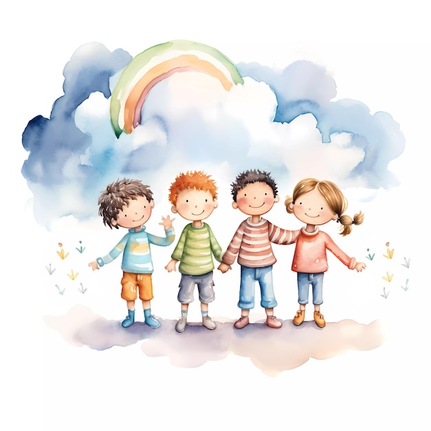 Foto set di bambini felici che giocano insieme sotto l'arcobaleno felice giorno dei bambini tema dell'amicizia