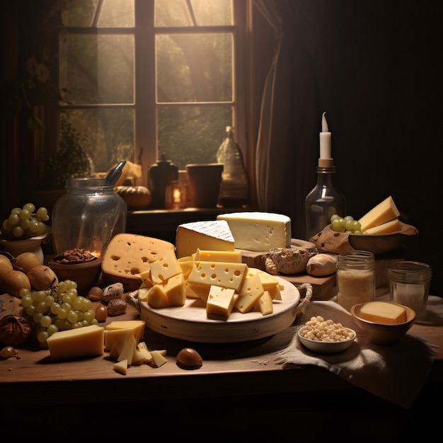 Set of hard cheeses with dried nuts and fruits on a wooden board