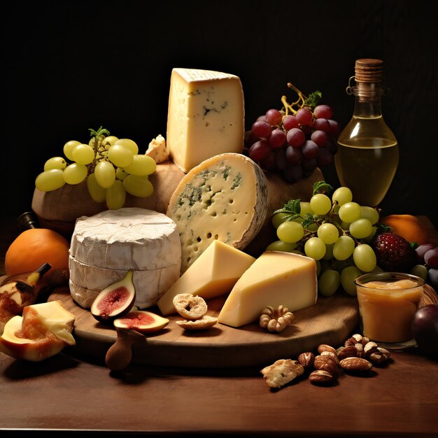 Set of hard cheeses with dried nuts and fruits on a wooden board