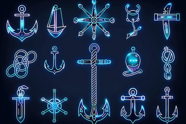 Set of Harpoon Pixel Weapon With Nautical Design and Anchor and Rop Game Asset Tshirt Concept Art