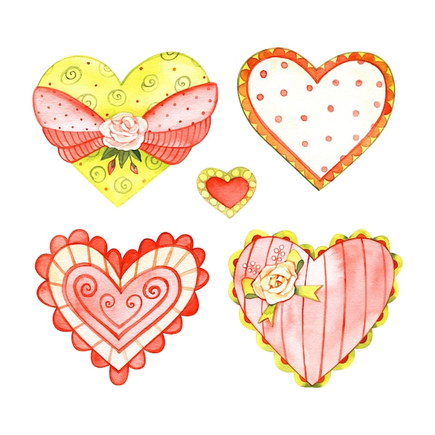 Set harten en rozen Valentijnsdag aquarel hart