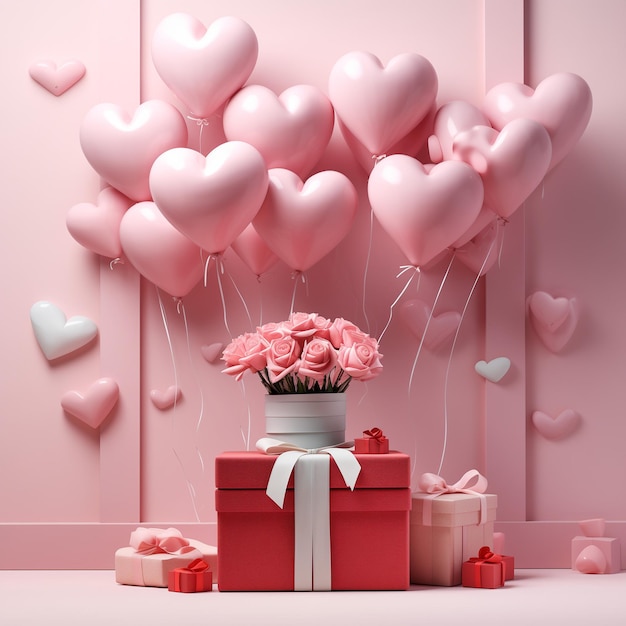 심장 모양의 풍선과 선물 상자 세트 발렌타인 데이 결혼식과 판매에 완벽합니다.