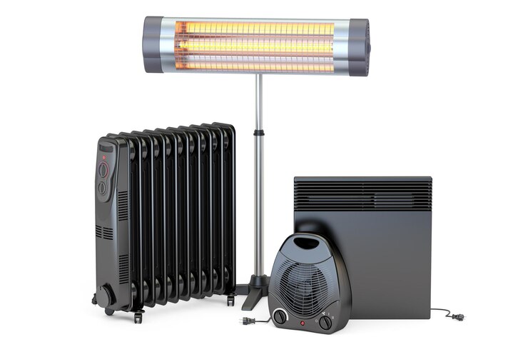 Set of heating devices Convection fan oilfilled and infrared heaters 3D rendering