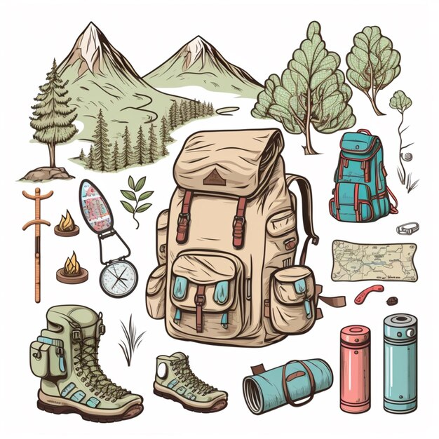 A set of hiking equipment and accessories including a backpack generative ai