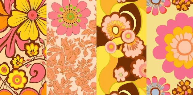 Photo a set of hippie flower patterns in the style of pop art generative ai