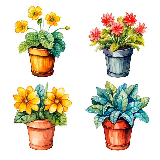 Photo set of home flowers in pots watercolor drawing cute illustrations of plants and flowers