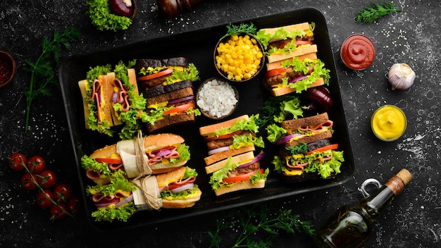 a set of homemade sandwiches with sausage cutlet lettuce onions tomatoes and vegetables rustic style free copy space