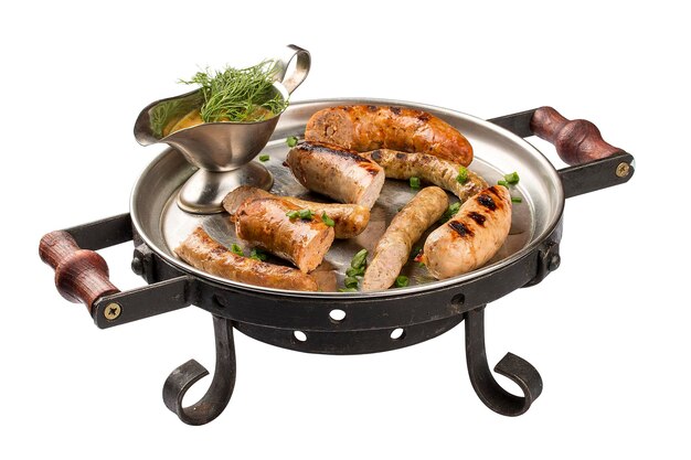 Set of homemade sausages in a pan On white background