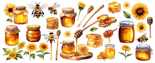 Photo set of honey stick and jar of honey watercolor hand painted isolated illustration