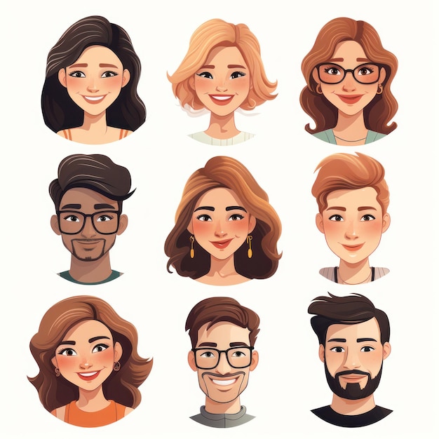 Set of Hopeful Faces Cartoon Style Head Shots AI Generated