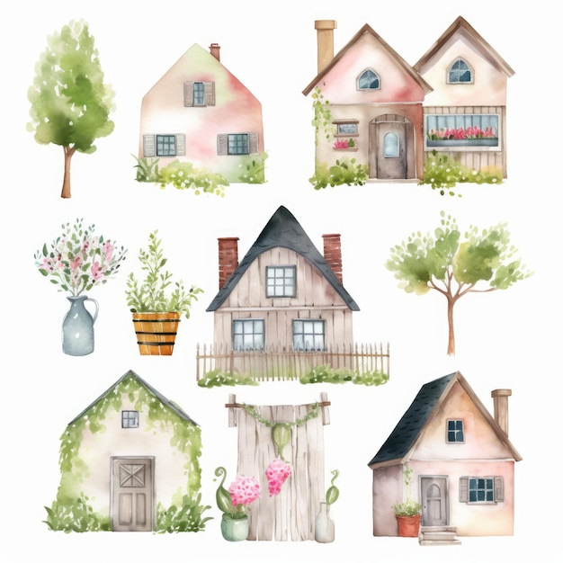 Set of house and tree style watercolor painting with margins Created with Generative AI technology