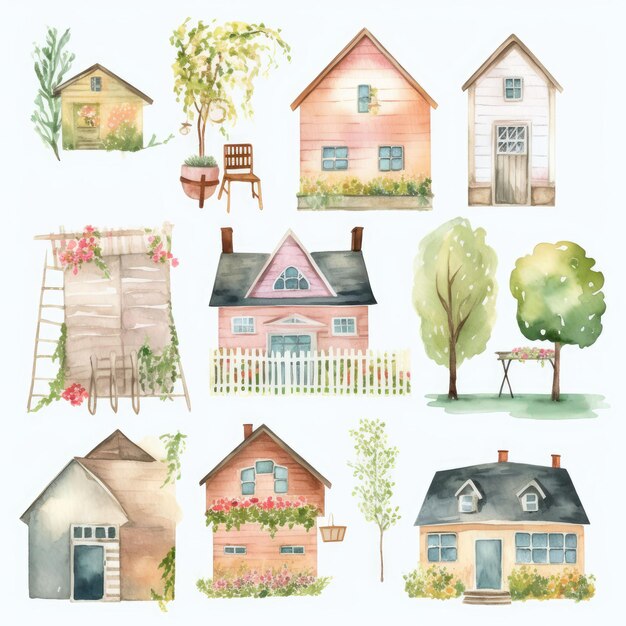 Set of house and tree style watercolor painting with margins Created with Generative AI technology