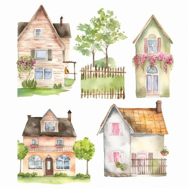Generative AI 기술로 만든 여백이 있는 집과 나무 스타일의 수채화 그림 세트