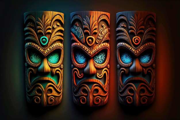 Set houten tiki masker met gezichten van goden met gloeiende ogen