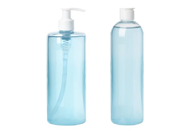 Set Hydraterende blauwe cyaan cosmetische tonic serum micellair water geïsoleerd op witte achtergrond Transparante cosmetische flessen met dispenser