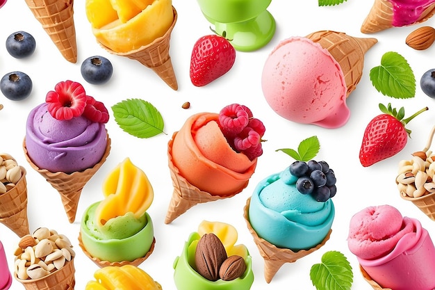 Набор мороженого разных цветов и ароматов с ягодами, орехами и фруктами декорации изолированы на белом фоне