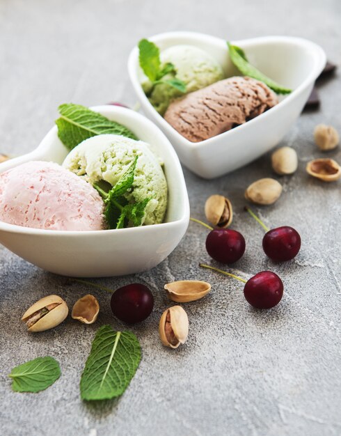 Set of ice cream scoops of different colors and flavours