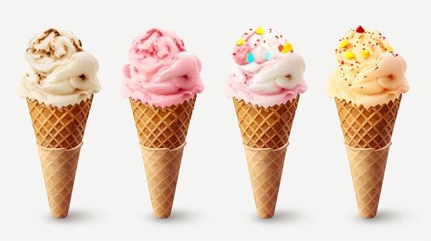 Photo set of ice cream in waffle cone isolated on white background