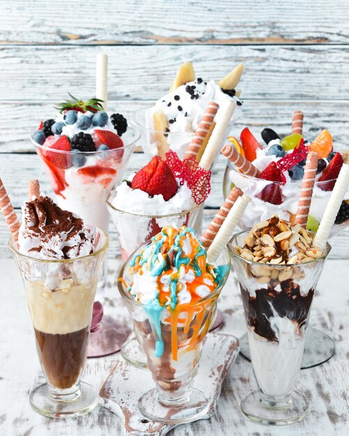 A set of ice cream with fruits berries and candy Dessert Top view