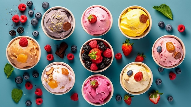 a set of ice cream with fruits berries