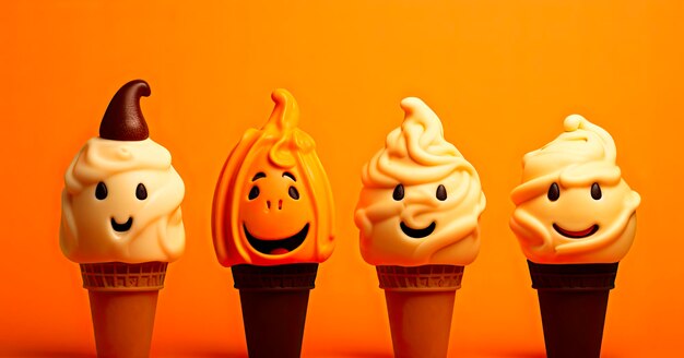 Photo set of ice cream with halloween character face on orange background halloween party background