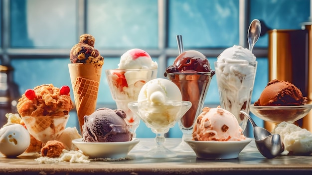 Set of ice creams of different flavors shapes and colors Generative ai